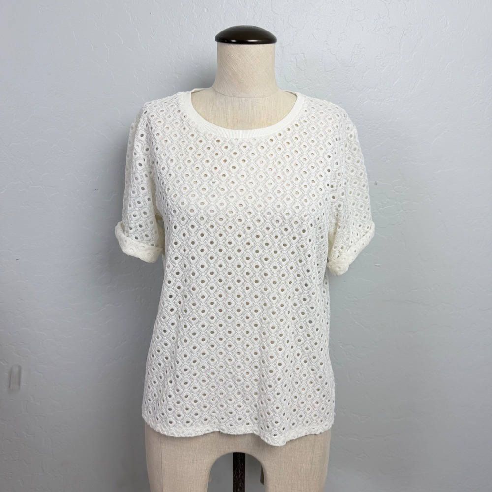 Anthropologie Postmark White Eyelet Geometric Knit Short Sleeve Top XS